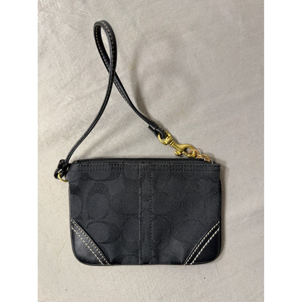 Coach Signature C Jacquard Wristlet Black Small Pouch Bag with Leather Trim - Picture 4 of 8